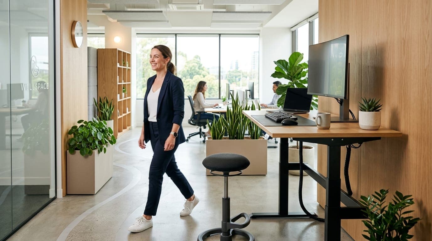 Adjustable standing desk beside a walking route through an office